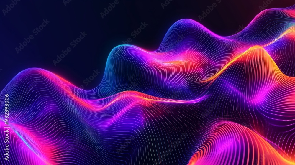 Fototapeta premium Vibrant dynamic abstract energetic flow of wavy color representing stylish digital technology waves on a black background. Generative AI