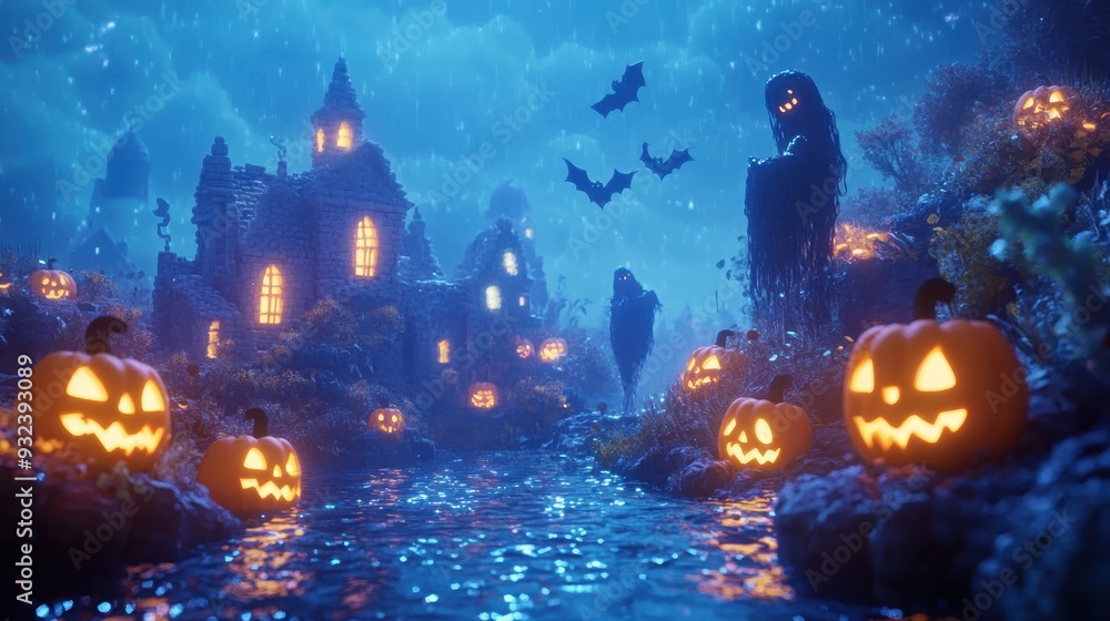 A Halloween scene with a river and houses with bats flying around A Halloween scene with a river and houses with bats flying around