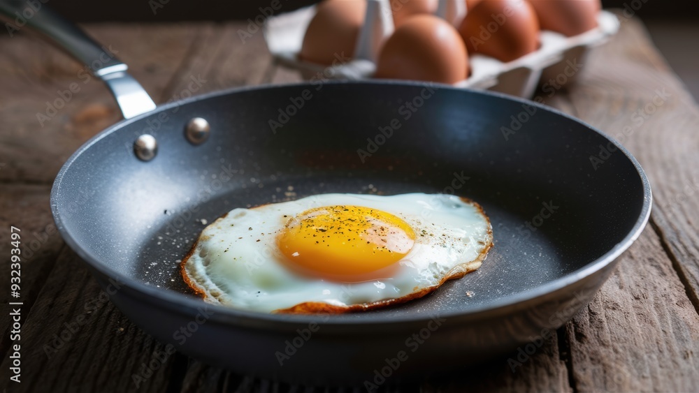 A frying pan with fried egg on top of it next to eggs, AI A frying pan with fried egg on top of it next to eggs, AI
