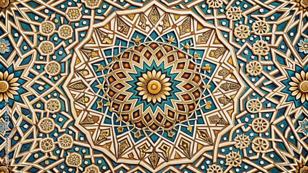Intricate Islamic geometric pattern with arabesque motifs and elegant typography, perfect for wallpaper, fabric, or decorative design projects with a Middle Eastern flair. Intricate Islamic geometric pattern with arabesque motifs and elegant typography, perfect for wallpaper, fabric, or decorative design projects with a Middle Eastern flair.
