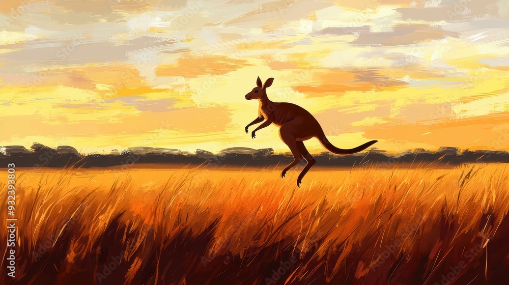 Kangaroo Leaping in Grassland at Sunset Kangaroo Leaping in Grassland at Sunset