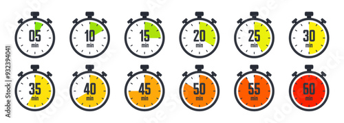 Stopwatch icons. Colorful simple chronometer, time counter with dial. Countdown timer showing hours and minutes. Deadline, measurement for sport. Cooking time label, sticker. Vector illustration