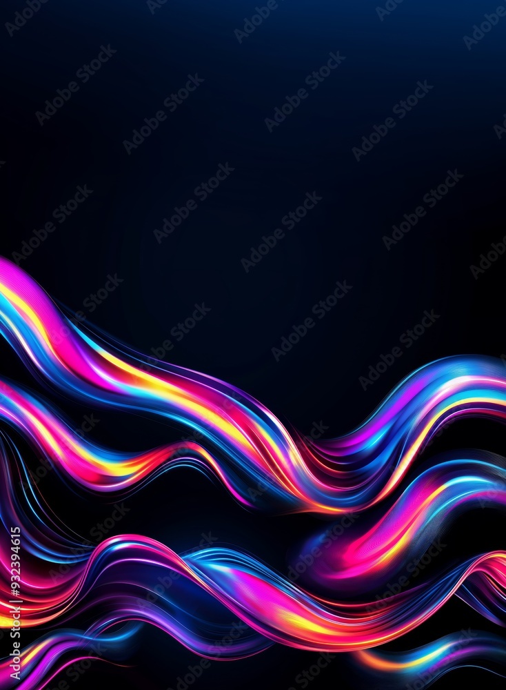 Vibrant dynamic abstract energetic flow of wavy color patterns representing stylish digital technology energy waves on a black background. Generative AI Vibrant dynamic abstract energetic flow of wavy color patterns representing stylish digital technology energy waves on a black background. Generative AI