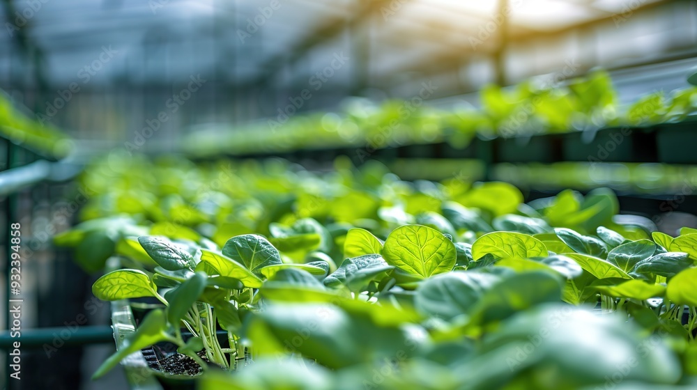 Naklejka premium A greenhouse filled with vibrant green plants, showcasing growth and cultivation.