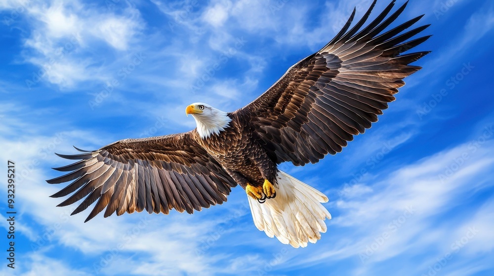 Fototapeta premium Bald Eagle in Flight with Spread Wings Against Blue Sky with Clouds