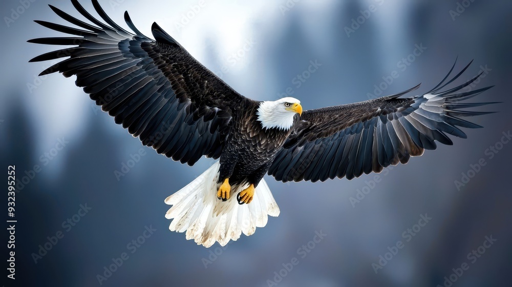 Naklejka premium Bald Eagle Soaring in Flight with Wings Spread Wide