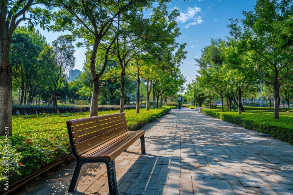 Fototapeta premium A simple outdoor setting with a wooden bench placed on top of a brick walkway
