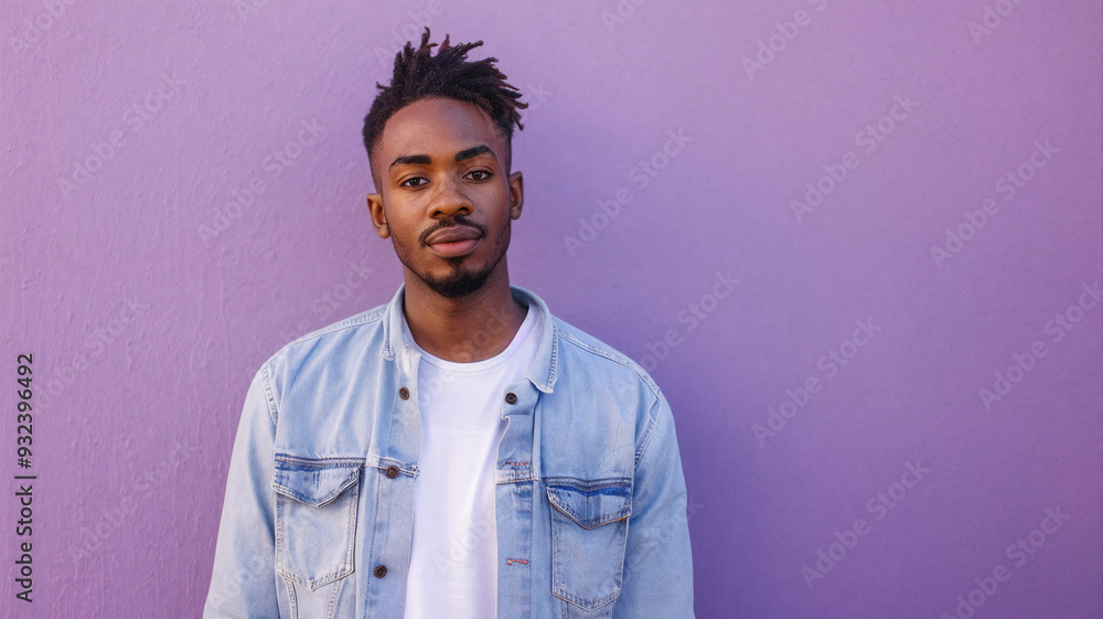 Young black man in a denim jacket and white shirt standing against a purple background Young black man in a denim jacket and white shirt standing against a purple background