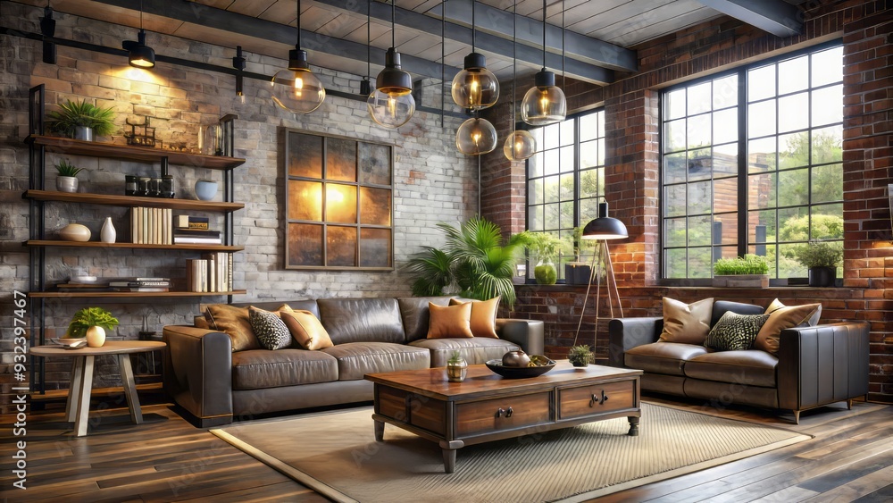 Naklejka premium Combining warmth and grit, this style blends metallic accents with exposed brick and distressed wood, illuminated by vintage lighting fixtures.
