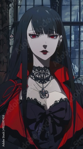 An anime woman, disguised as Dracula, exudes a captivating aura in a shadowy castle with gothic decor