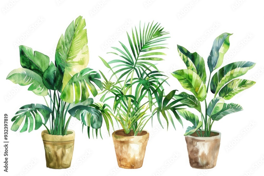 Three small pots with greenery on a clean white surface Three small pots with greenery on a clean white surface