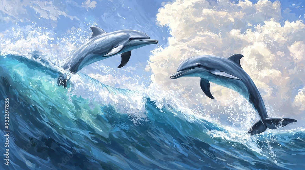 Fototapeta premium Dolphins Jumping Over Ocean Wave with Blue Sky and White Clouds