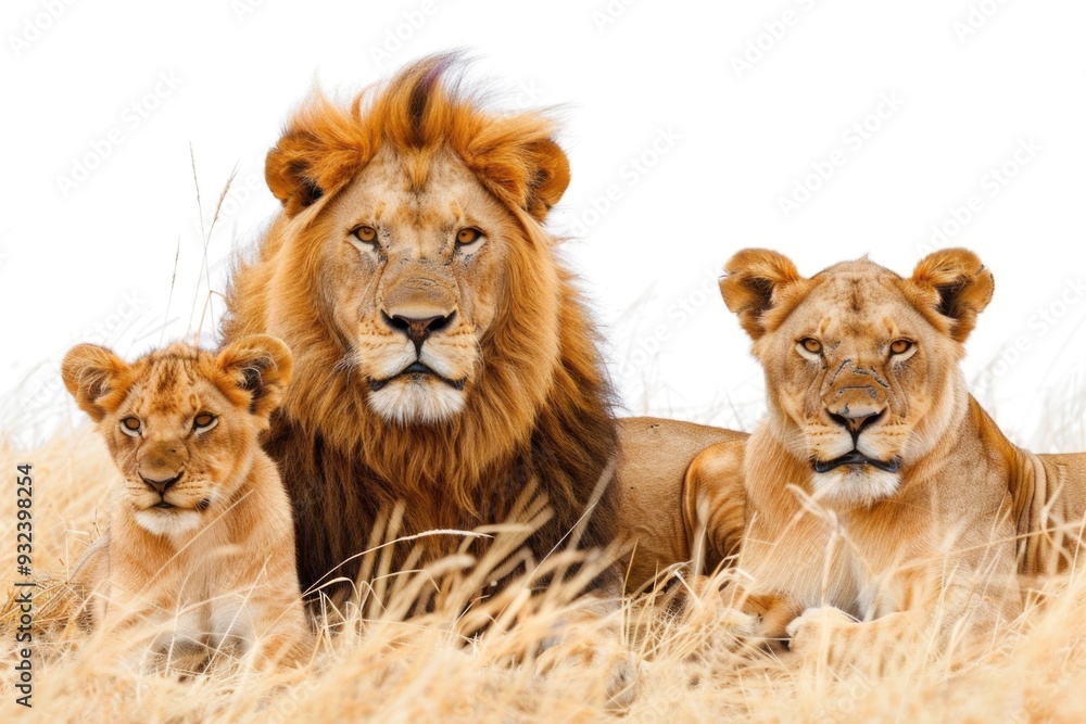 A group of lions relaxing in a green meadow A group of lions relaxing in a green meadow