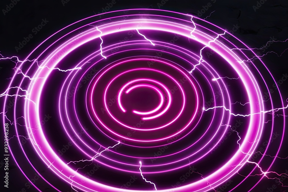 Obraz premium Luminescent Magenta Plasma Hologram with Electric Glow on Concentric Lightning Circle against Shadowy Background