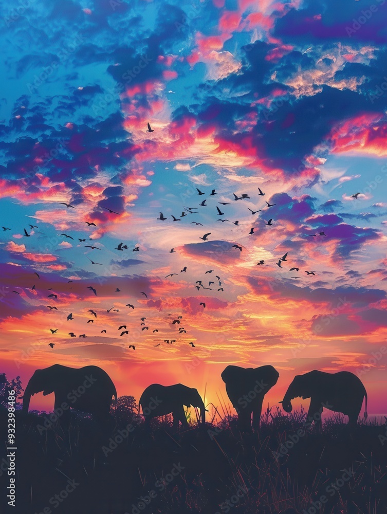 A group of elephants stands together against the backdrop of a stunning sunset, with a colorful sky and birds flying above. Generative AI A group of elephants stands together against the backdrop of a stunning sunset, with a colorful sky and birds flying above. Generative AI
