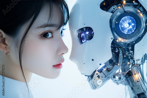 Woman face to face with a humanoid robot highlighting the intimate connection between human and AI in a futuristic high tech environment