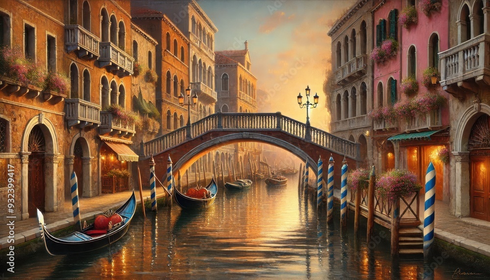 Naklejka premium A romantic canal in Venice's Dorsoduro district, features gondolas gliding gently under ornate bridges.jpeg