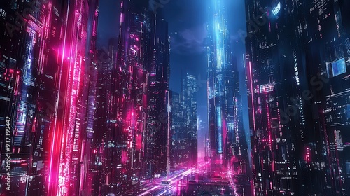 Futuristic Cityscape with Neon Lights and Cyberpunk Aesthetic