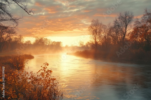 A serene river flows through a misty autumn forest. Perfect for illustrating peace, nature, or tranquility.