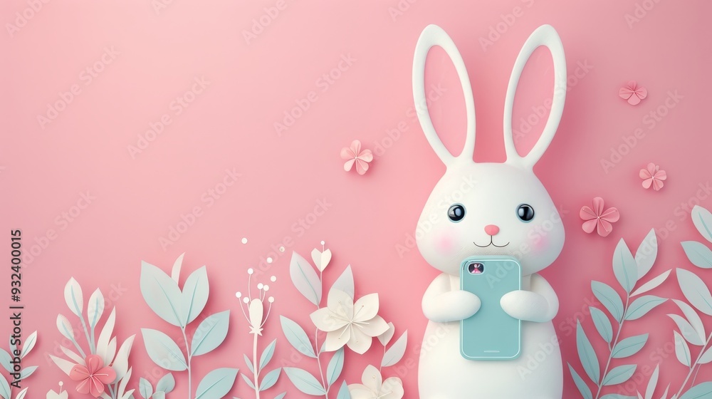 A rabbit holding a cell phone in front of a pink background A rabbit holding a cell phone in front of a pink background