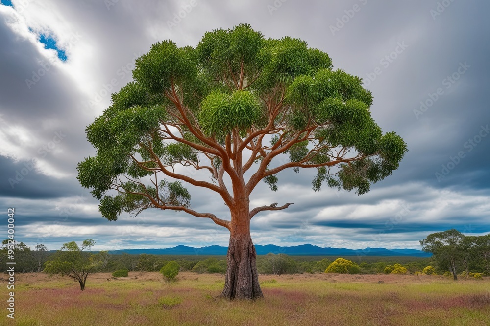 Fototapeta premium Vibrant Nature Landscape Featuring Elaeocarpus Eumundi Tree Under Dramatic Cloudy Skies
