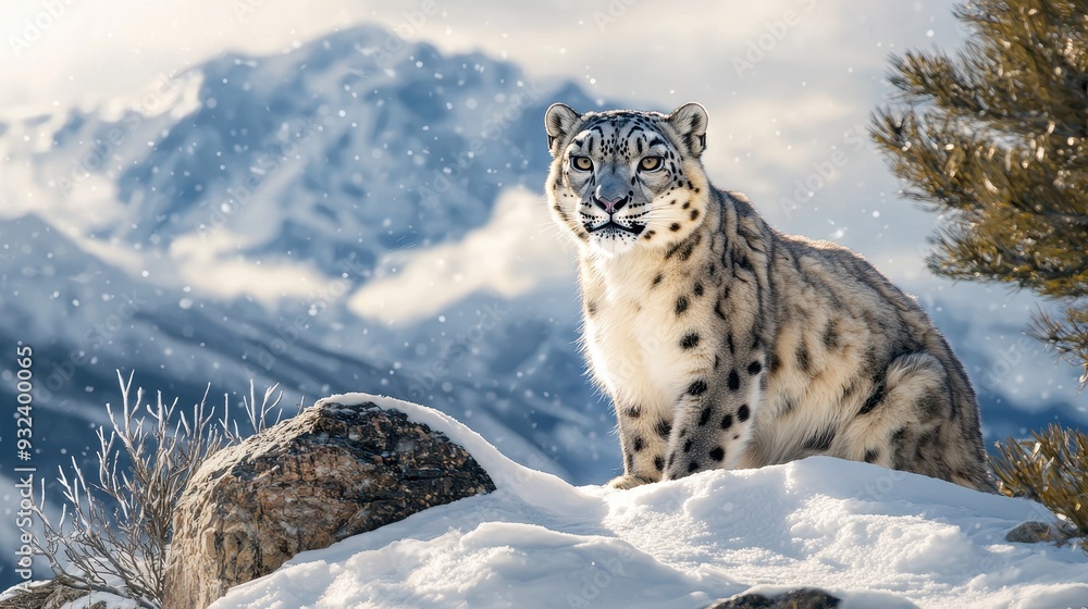 Fototapeta premium Snow Leopard Sitting on Mountain Peak in Winter