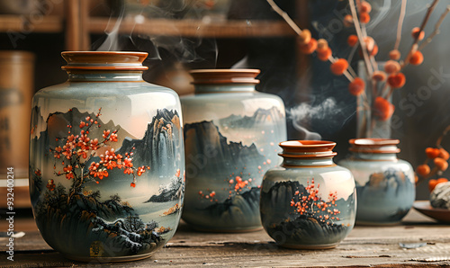 a group of vases with blosooms and mountains painting on them

 photo