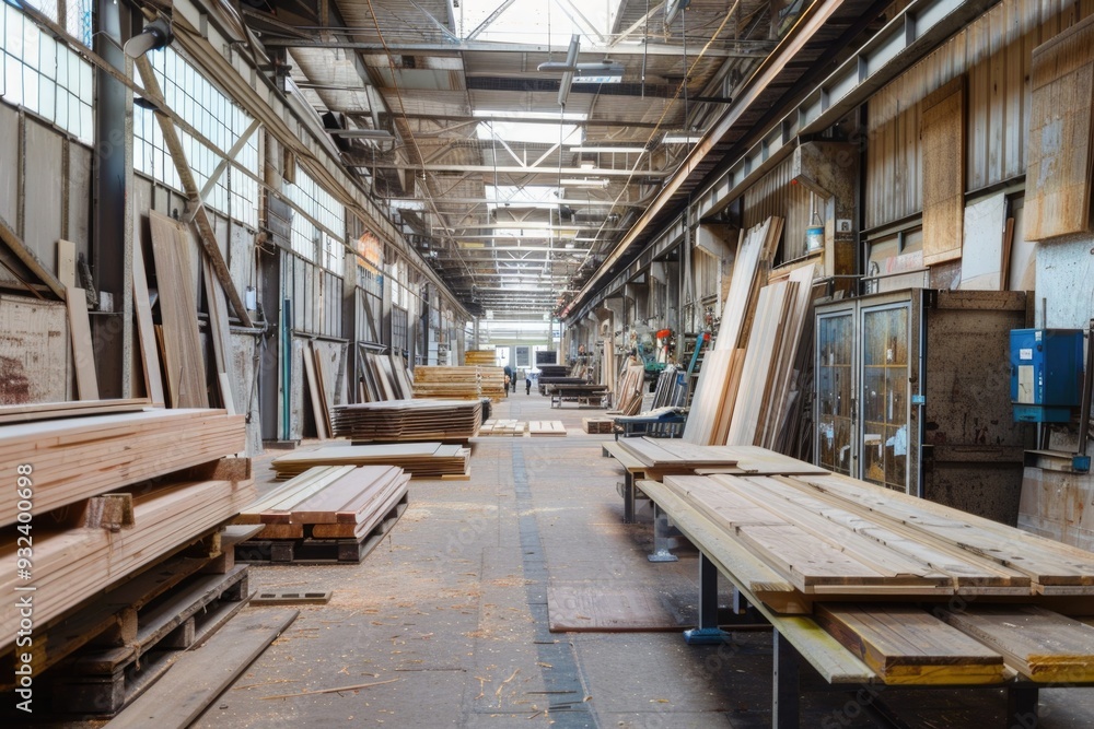 A large storage area filled with stacks of wooden planks, ready for use in construction or other projects A large storage area filled with stacks of wooden planks, ready for use in construction or other projects