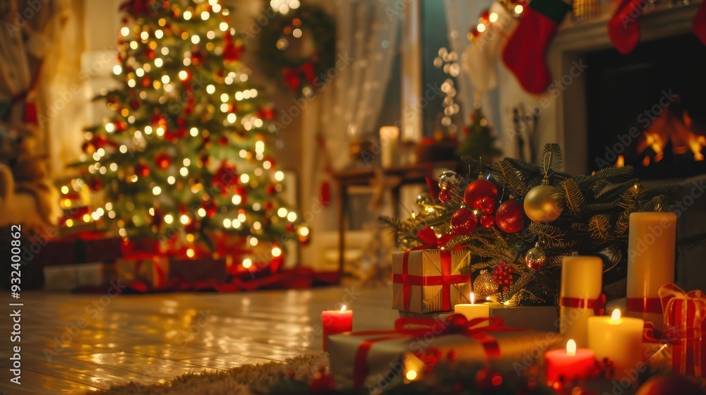Fototapeta premium A cozy holiday setting with a glowing tree and gifts, radiating festive cheer and warmth throughout the room