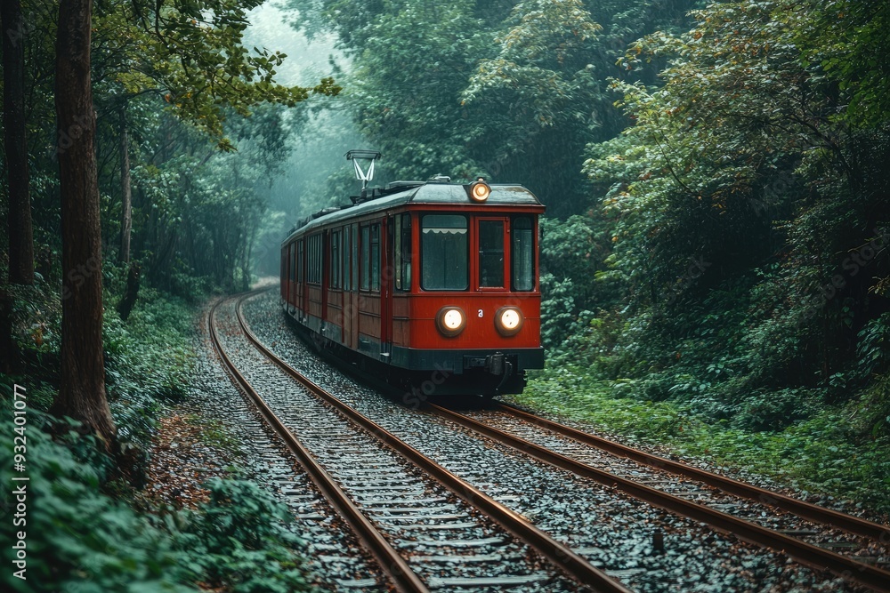 Fototapeta premium A red train passes through lush green forest. This image can be used to illustrate transportation, travel, and nature.