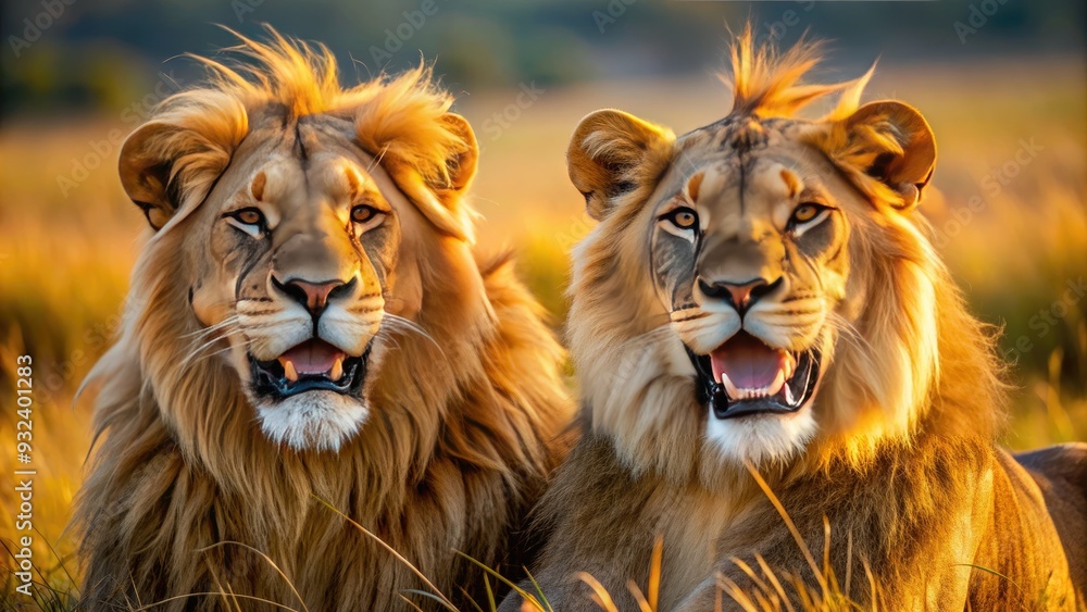 Joyful lions flash wide, toothy grins, their tawny fur and shaggy manes a warm contrast to their infectious, carefree laughter in the sun-kissed savannah.