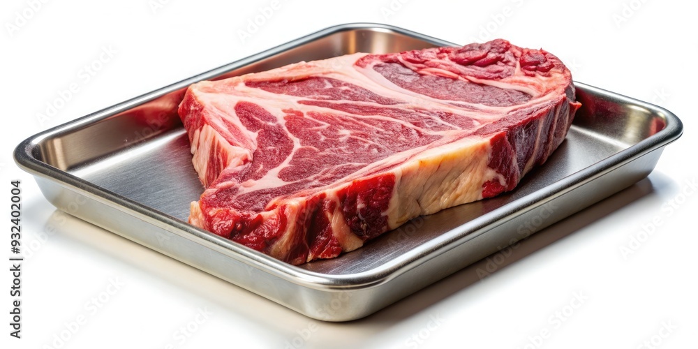 Juicy fresh T-bone steak with vibrant marbling patterns lies on a sleek steel tray, isolated against a pristine white background, waiting for culinary mastery. Juicy fresh T-bone steak with vibrant marbling patterns lies on a sleek steel tray, isolated against a pristine white background, waiting for culinary mastery.