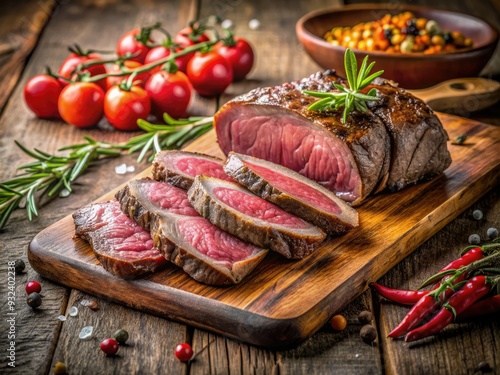 Juicy picanha steak slices arranged on a rustic wooden cutting board, fresh from the rotisserie, surrounded by culinary delights in a luxurious steakhouse setting. photo