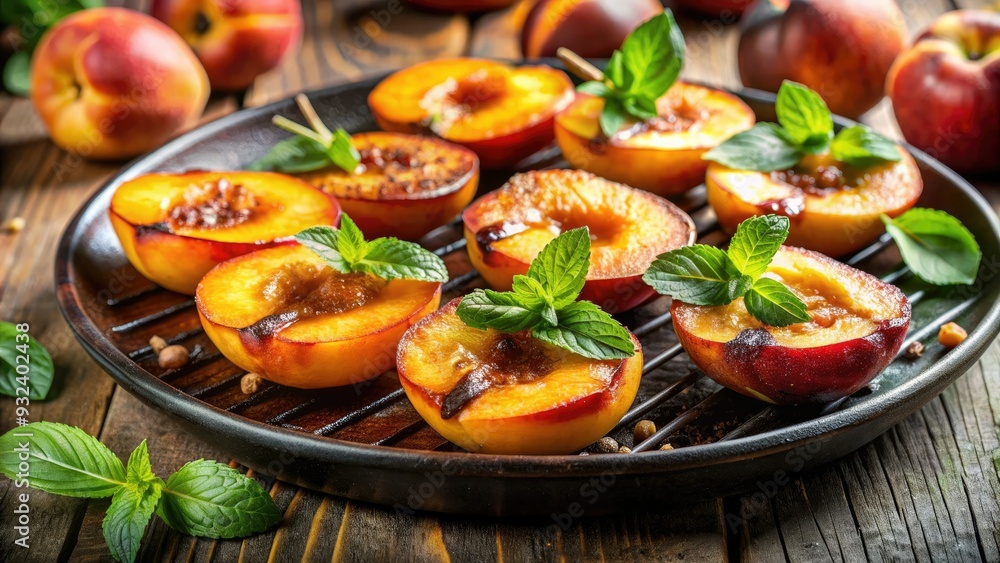 Juicy sliced peaches sizzle on a rustic outdoor grill, caramelized to perfection and surrounded by fresh mint leaves and a sprinkle of brown sugar. Juicy sliced peaches sizzle on a rustic outdoor grill, caramelized to perfection and surrounded by fresh mint leaves and a sprinkle of brown sugar.