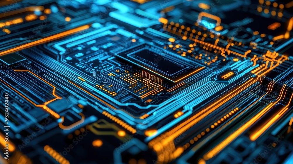 Abstract Circuit Board with Glowing Lines and Components Abstract Circuit Board with Glowing Lines and Components