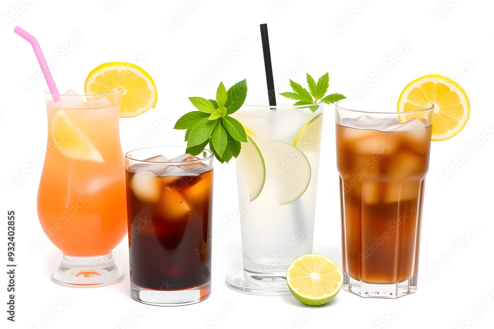 A variety of refreshing cocktails drinks displayed on a white background. Each drink is garnished with lemon slices and some have additional fruit. A variety of refreshing cocktails drinks displayed on a white background. Each drink is garnished with lemon slices and some have additional fruit.