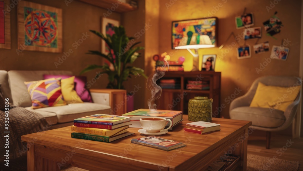 A living room with a coffee table and books on it, AI A living room with a coffee table and books on it, AI