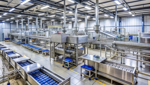 Large-scale food processing facility with stainless steel equipment, pipes, and conveyor belts, showcasing a clean and organized manufacturing environment for production and quality control.