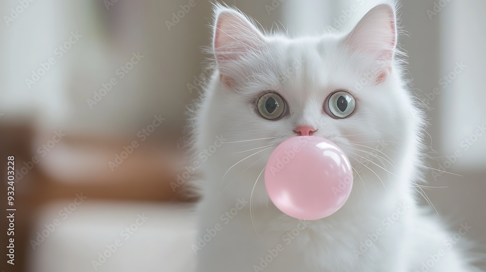 Obraz premium A white cat with heterochromia (different colored eyes) blows a pink bubble with its mouth.