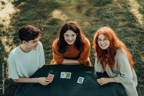 Group of three friends playing cards on a fantastic pincnic day. photo