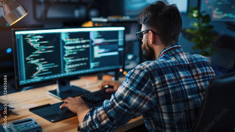 A person sitting at a desk with two computer monitors, working or studying A person sitting at a desk with two computer monitors, working or studying