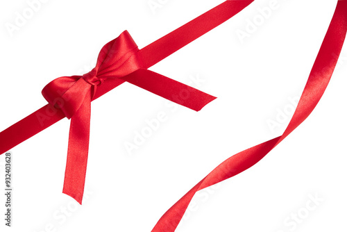 Red ribbon bows in one corner and bow, for gift. Transparent background, PNG format