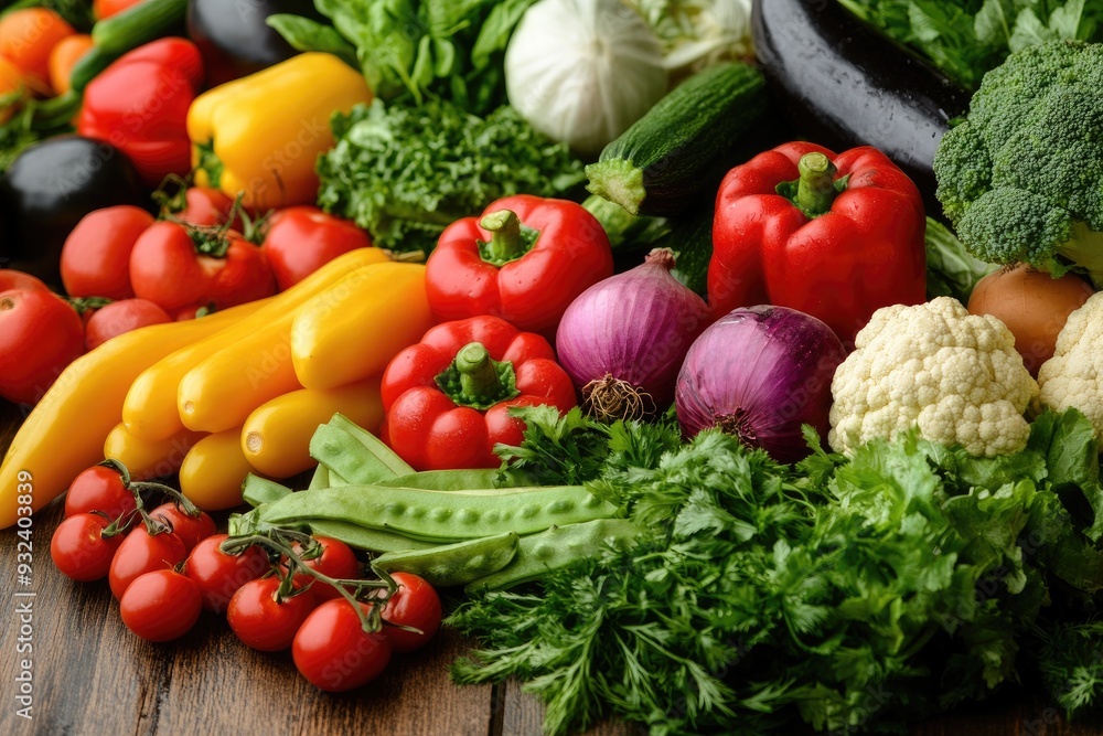 A variety of fresh vegetables on a wooden table. This photo can be used for a website about healthy eating or a recipe for a salad. A variety of fresh vegetables on a wooden table. This photo can be used for a website about healthy eating or a recipe for a salad.