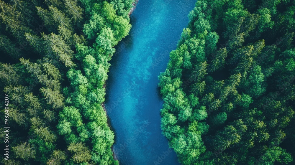 Aerial view of a river flowing through lush forest. This photo is ideal for environmental or nature-related projects. Aerial view of a river flowing through lush forest. This photo is ideal for environmental or nature-related projects.