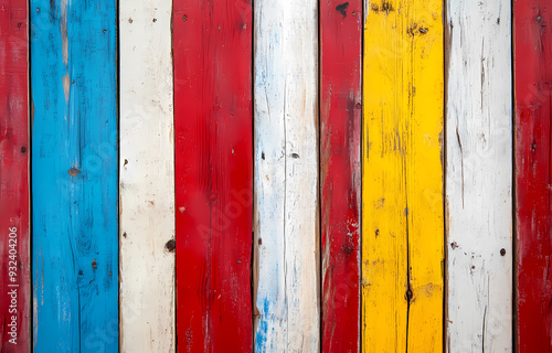 Vibrant wooden wall in red, blue, and yellow hues.