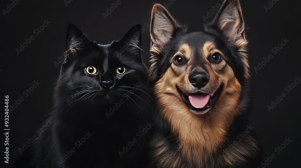 Obraz premium Close-up studio portrait of a joyful Icelandic Sheepdog and a calm black cat sitting together, highlighting the warmth and friendship between these two adorable pets.