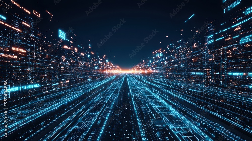 Obraz premium Abstract Digital Highway with Glowing Blue Lines and Data Streams
