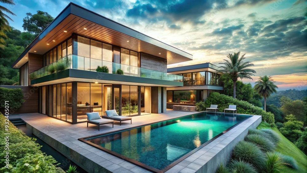 Fototapeta premium Luxurious modern villa with sleek lines, expansive windows, and chic outdoor living spaces, set amidst lush greenery and a turquoise infinity pool.