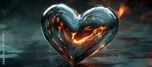 Silver metallic heart with flames in dramatic fantasy art photo