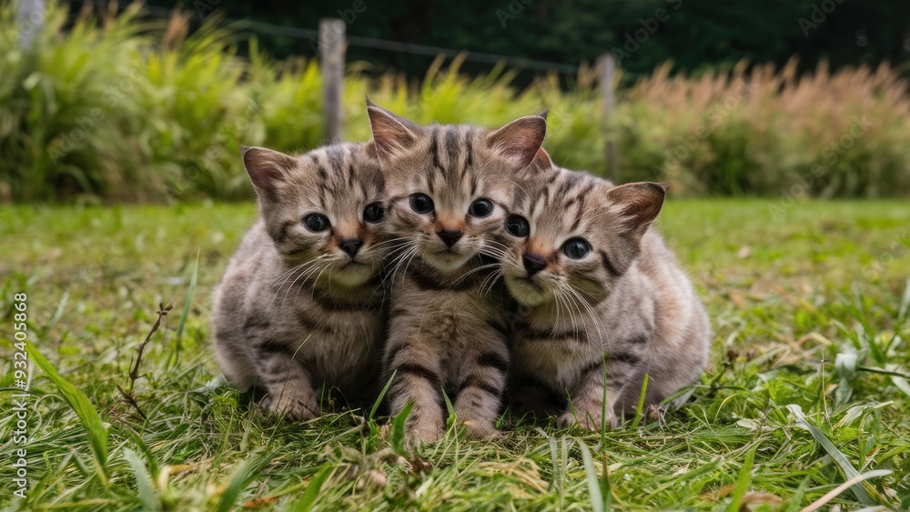 Obraz premium Three kittens are sitting on top of each other in the grass, AI